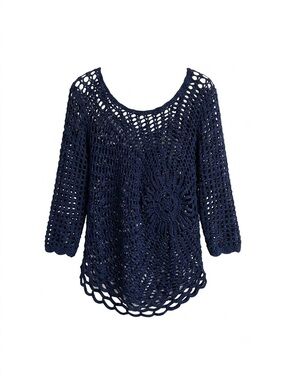 Marble Womens Navy Crochet Open Knit Sweater Sz M Coastal Boho Layering Top⁠
